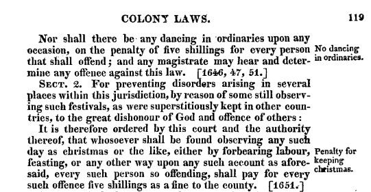 screenshot of excerpt of law banning Christmas in Massachusetts Bay Colony
