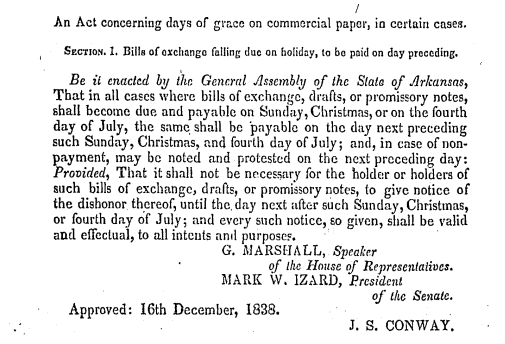 screenshot of 1838 Arkansas law banning debts being paid on Christmas