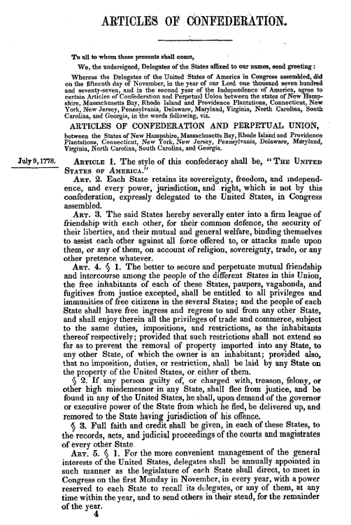 screenshot of excerpt of Articles of Confederation