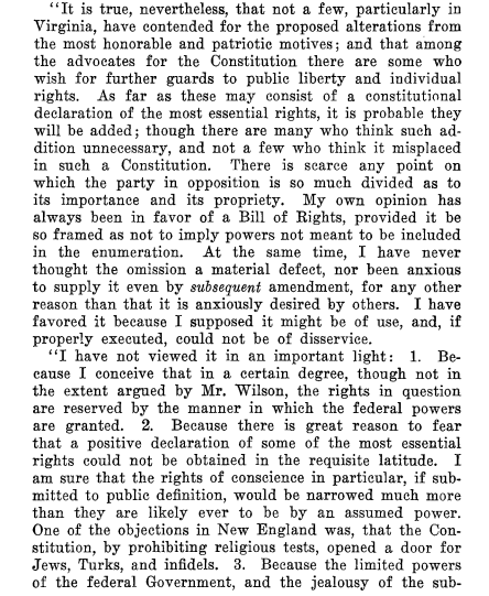 screenshot of excerpt of letter from James Madison to Thomas Jefferson regarding Bill of Rights
