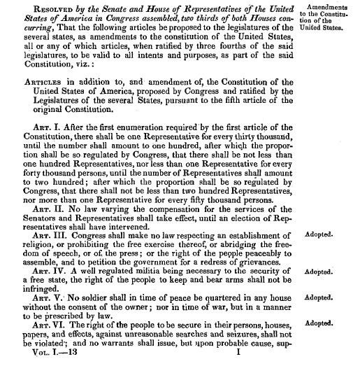 screenshot of excerpt of the U.S. Bill of Rights Articles I-IV