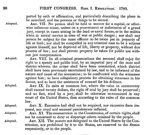 screenshot of excerpt of the U.S. Bill of Rights Articles VII-XII