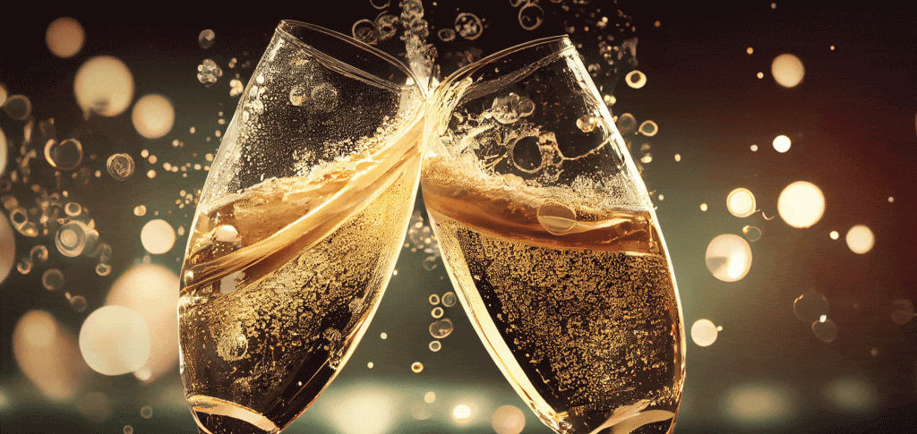 image of two champagne glasses with sparkling gold in the background