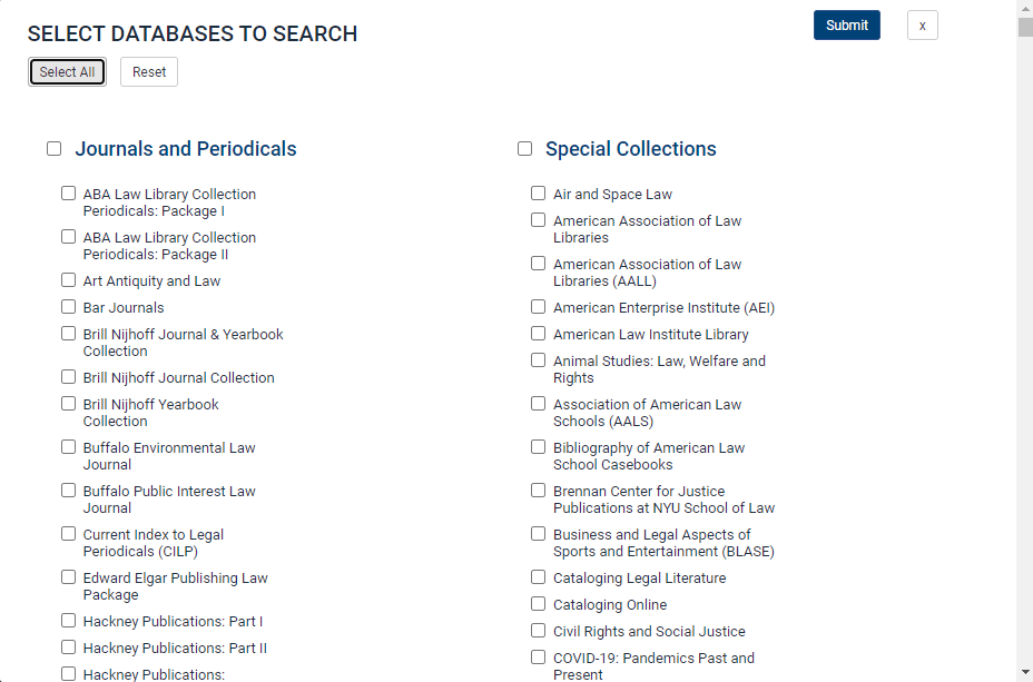 screenshot of Select Databases to Search list