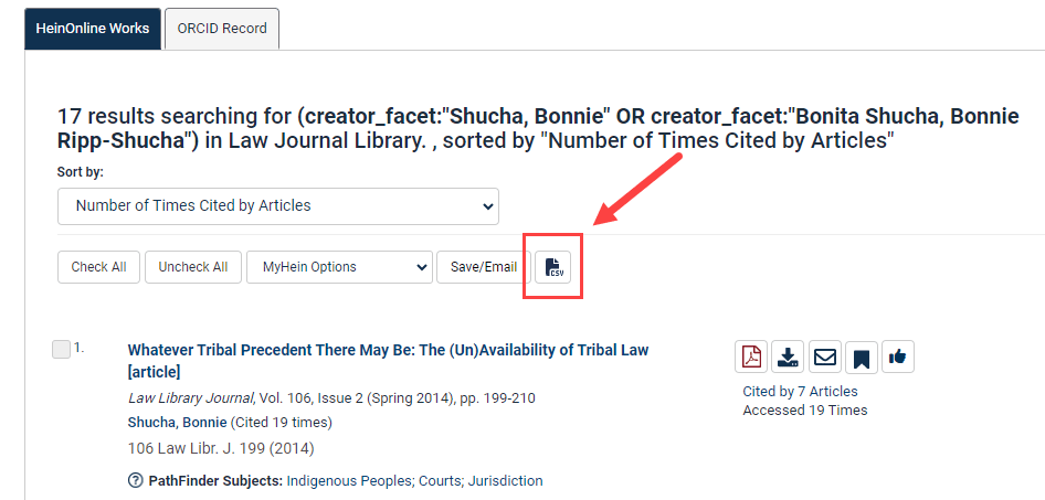 image of the CSV button located above scholarly works on an author profile page in HeinOnline