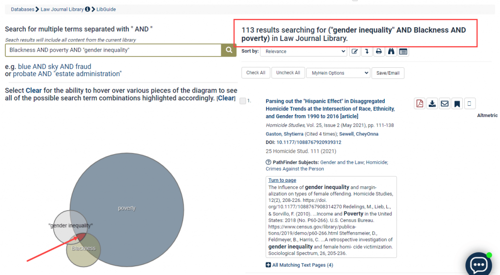 screenshot of Venn Diagram search for Blackness AND poverty AND "gender inequality"