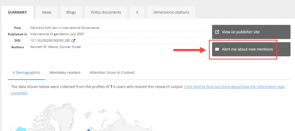 image of the email alert option within an Altmetric Attention Score page under Summary