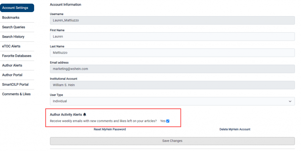 image of MyHein account setting where someone can turn off their author activity alerts for commenting and liking