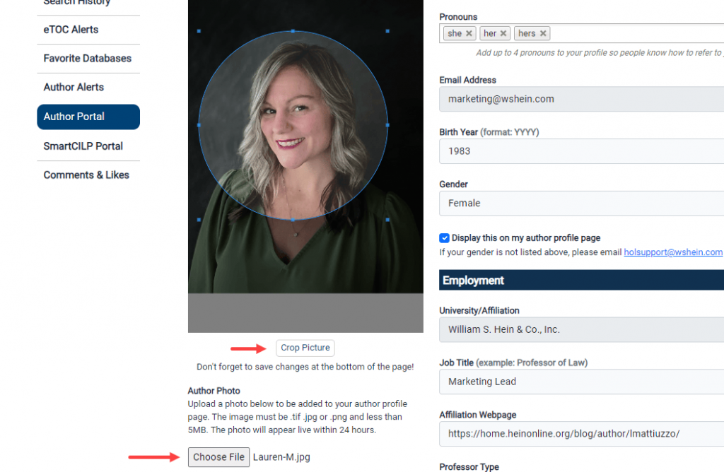 image of the author portal in HeinOnline where an author can update their picture and crop it for commenting with in the database