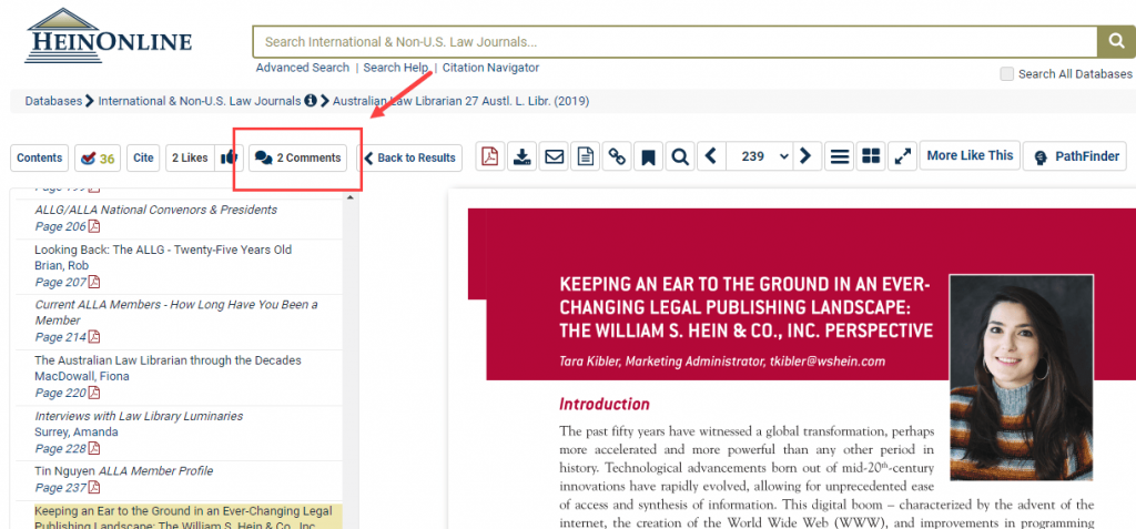 image of the Comment button with two quotes in the page viewer for HeinOnline