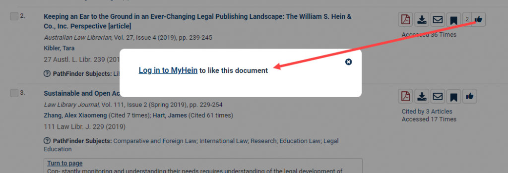 image of a pop-up box promoting a user to sign into MyHein in order to like a document within HeinOnline