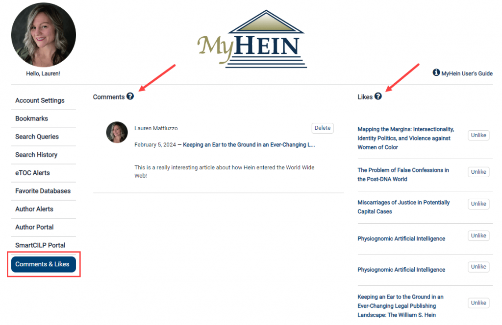 image of a MyHein account displaying where a user can manage their comments and likes in HeinOnline
