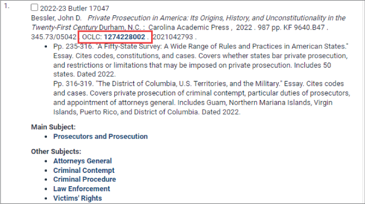 screenshot of example of OCLC linking in Subject Compilations of State Laws