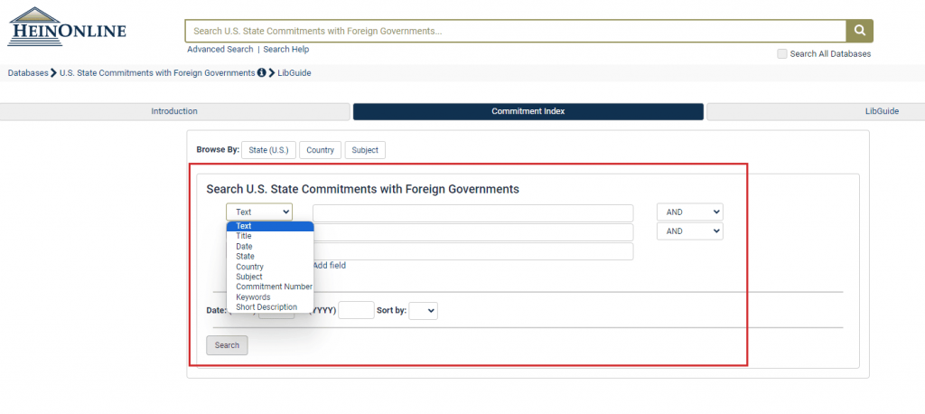 image of the Commitment Index in HeinOnline for U.S. State Commitments with Foreign Governments 