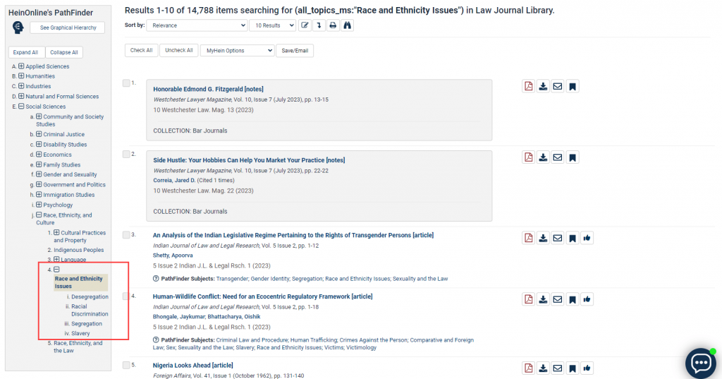 screenshot of search results for PathFinder subject "Race and Ethnicity Issues"