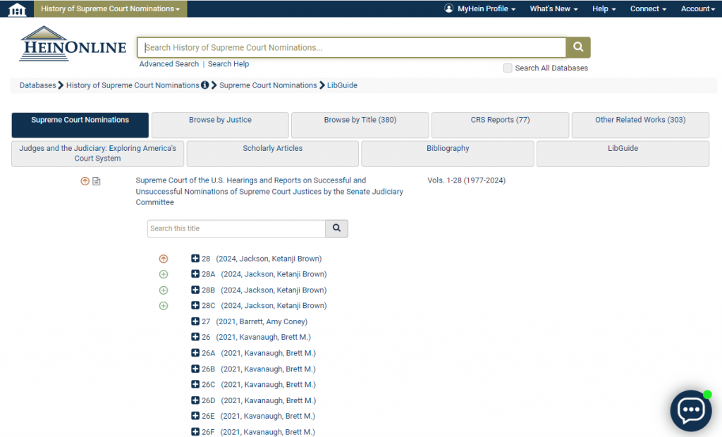image of the homepage for HeinOnline's History of Supreme Court Nominations database