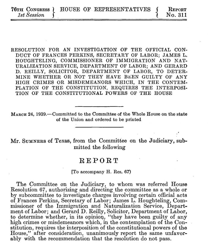first page of congressional report on impeachment