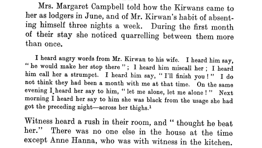 excerpt from HeinOnline's World Trials Library recounting Mrs. Margaret Campbell testimony about a fight that broke out between Mr. and Mrs. Kirwan