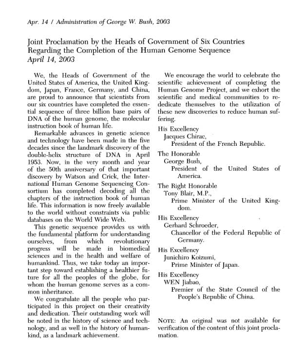 screenshot of Joint Proclamation by the Heads of Government of Six Countries Regarding the Completion of the Human Genome Sequence