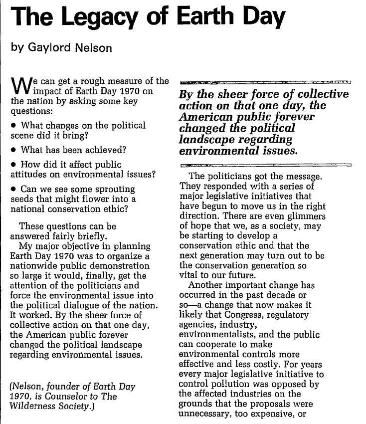 screenshot of article The Legacy of Earth Day by Gaylord Nelson