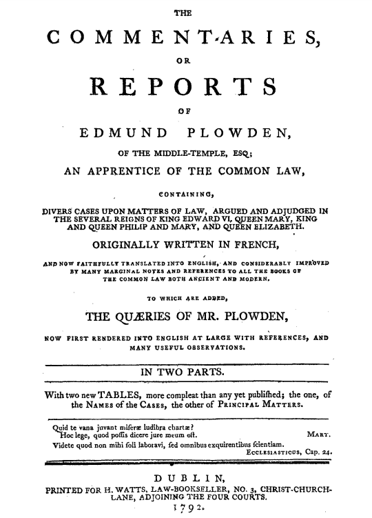 screenshot of the cover of The Commentaries or Reports of Edmund Plowden