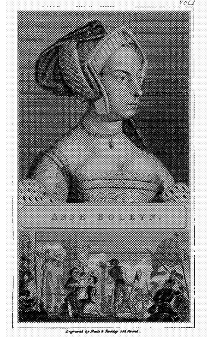 Illustration of Anne Boleyn and the scene of her beheading, as found in the World Trials Library