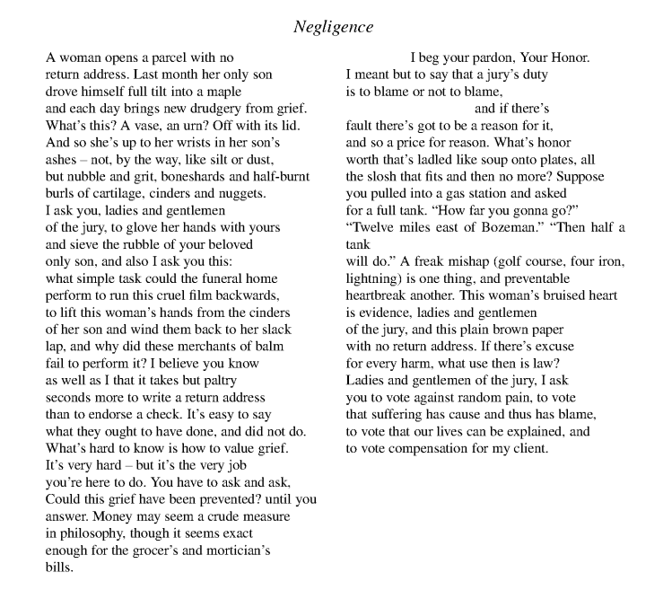 screenshot of the poem Negligence in HeinOnline, written by poet William Matthews