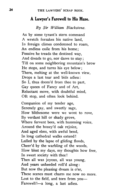 screenshot of the poem A Lawyer's Farewell to His Muse, written by poet William Blackstone