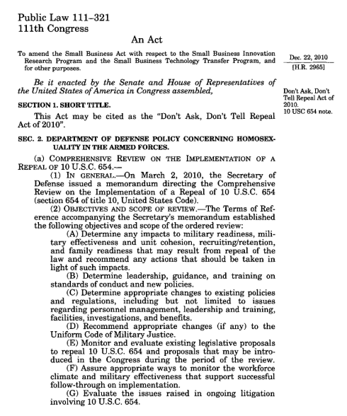 screenshot of act to repeal Don't As Don't Tell