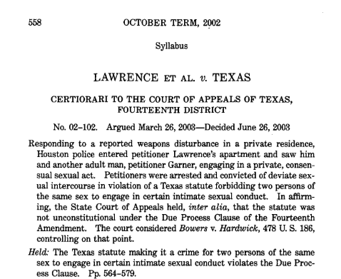 screenshot of decision in Lawrence v. Texas