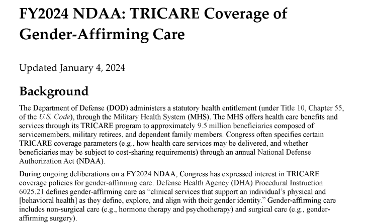 screenshot of CRS report TRICARE Coverage of Gender-Affirming Care from January 4, 2024