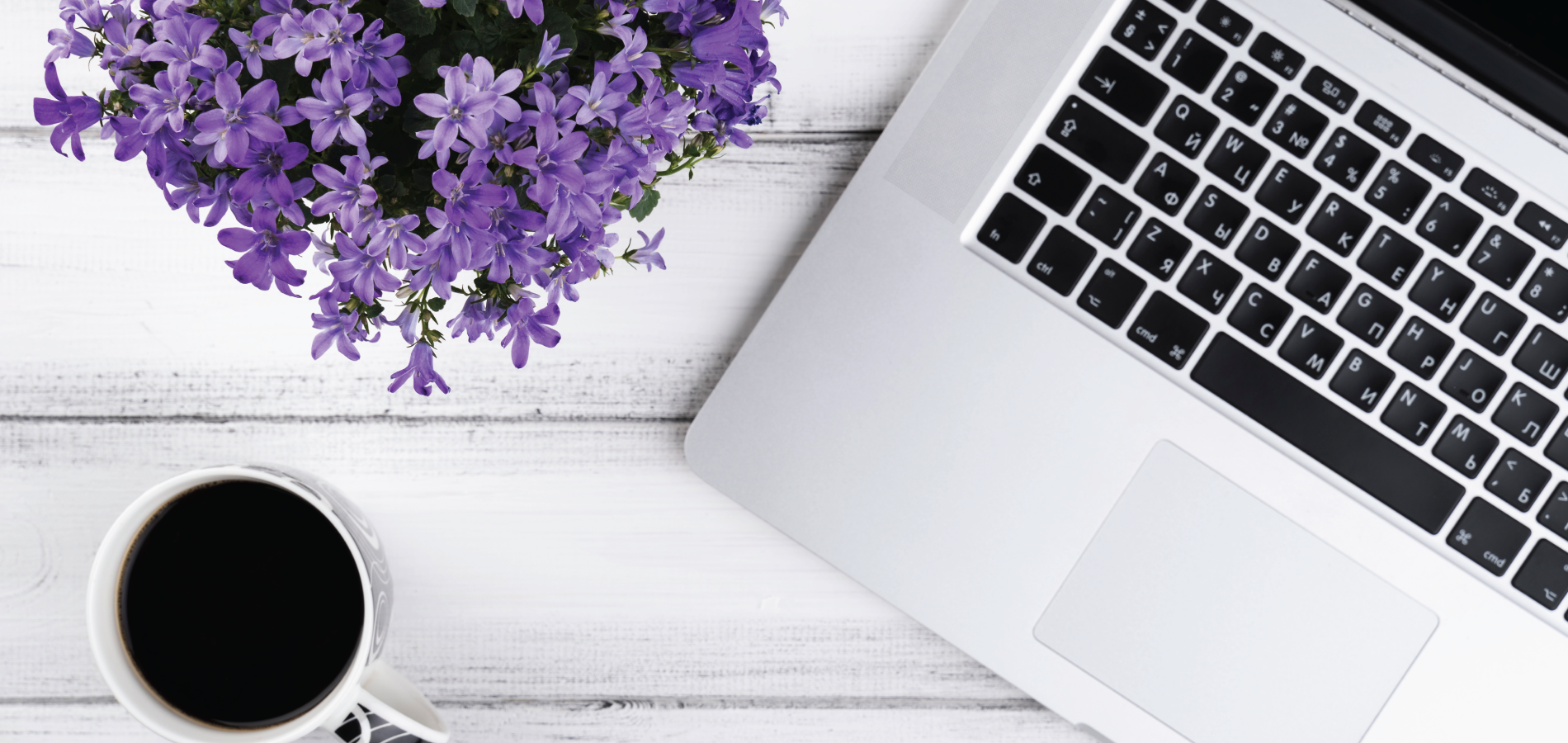 image of purple flowers, a coffee cup, and a laptop