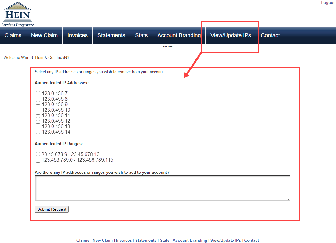 image of the HeinOnline Customer Service Web Portal showing the View/Update IPs section