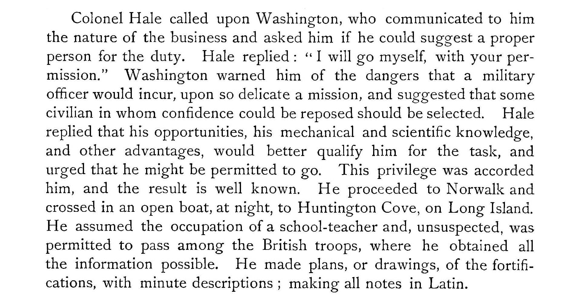 account of Hale volunteering for his fatal spy mission