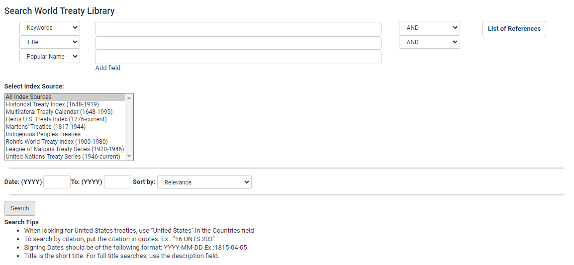 screenshot of World Treaty Library Treaty Index Search Tool