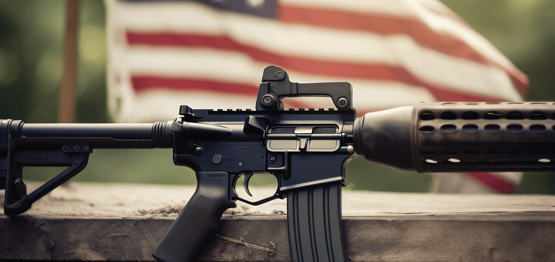 image of a rifle and an American flag in the background