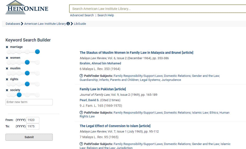 Keyword Search Builder results in HeinOnlne