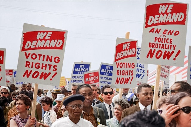 Activists march for equal voting rights holding signs