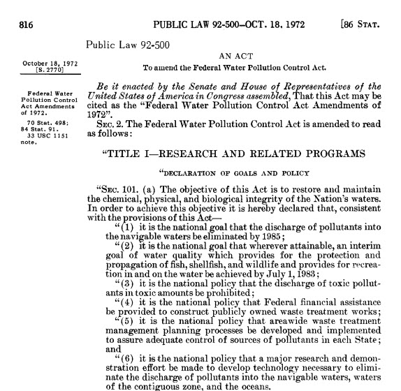 screenshot of excerpt of the Clean Water Act of 1972