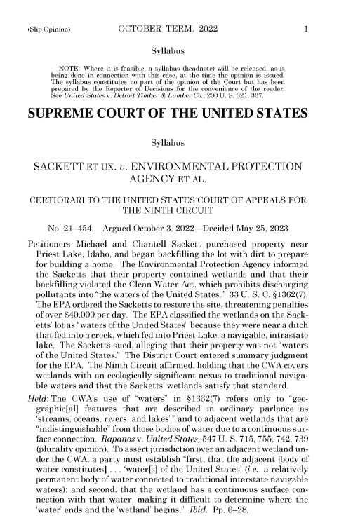 screenshot of excerpt of slip opinion from Sackett v. EPA