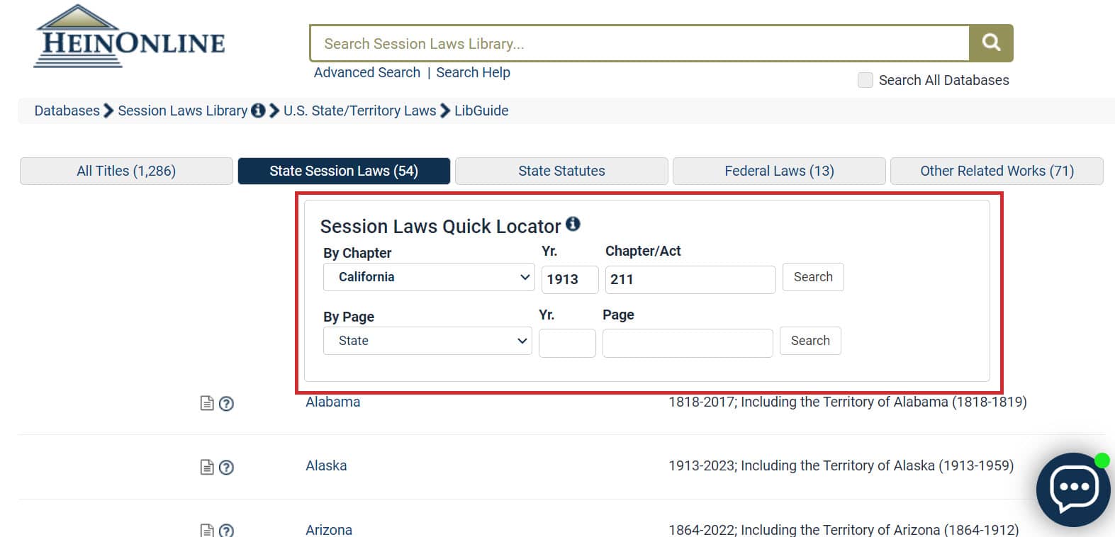 image of HeinOnline's Session Laws Quick Locator Tool within the interface