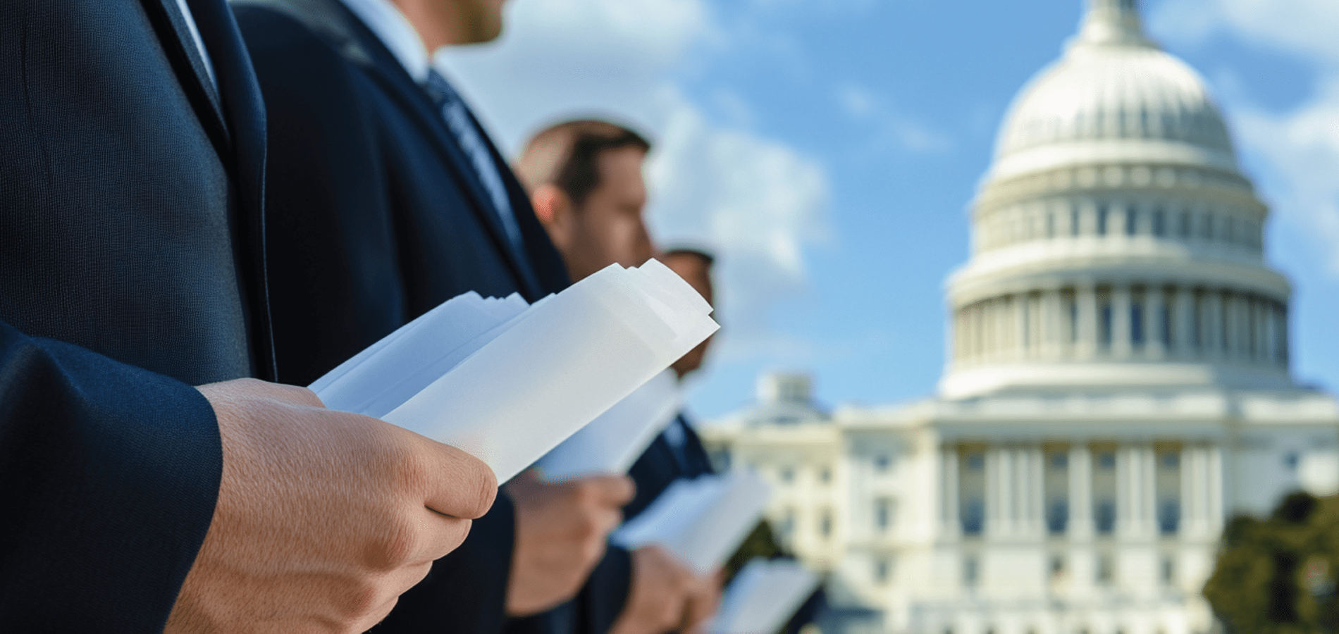 people in suits with policy papers lined up outside White House