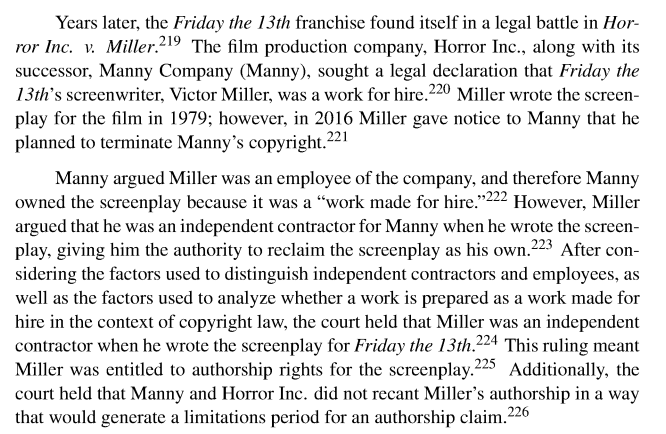 screenshot of excerpt of article about Horror Inc. v. Miller case