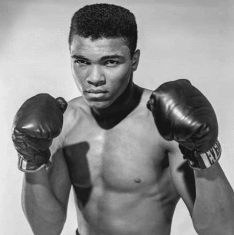 Image of boxer Muhammad Ali from the waist up. He is shirtless, looking directly into camera lens, with fists in boxing gloves raised in a boxing position.