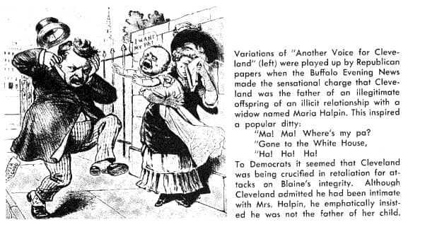 A black and white cartoon featuring a depiction of former President Grover Cleveland and widow Maria Halpin.