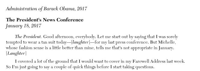 A snippet of text from a news conference held in 2017 where Obama brings up his tan suit.