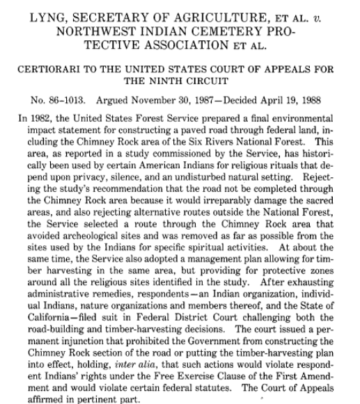 screenshot of excerpt Lyng v. Northwest Indian Cemetery Protective Association case