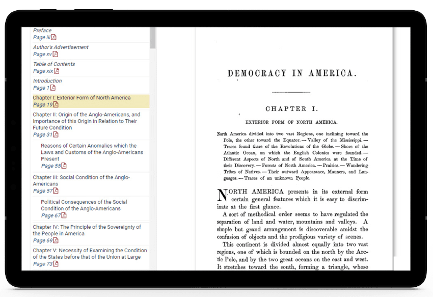 Tablet showing the full-text images available in HeinOnline's Democracy in America.