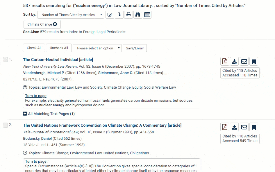 Bookmark feature in HeinOnline's Law Journal Library, a collection of online scholarly journals.