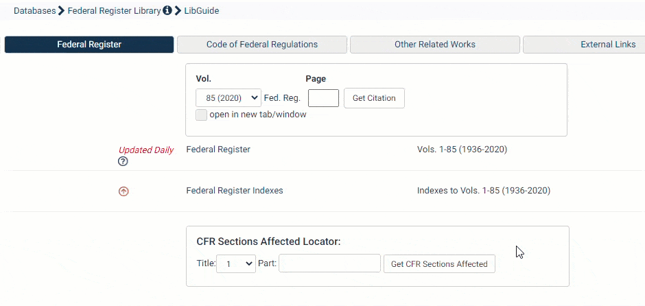 Federal register browse options